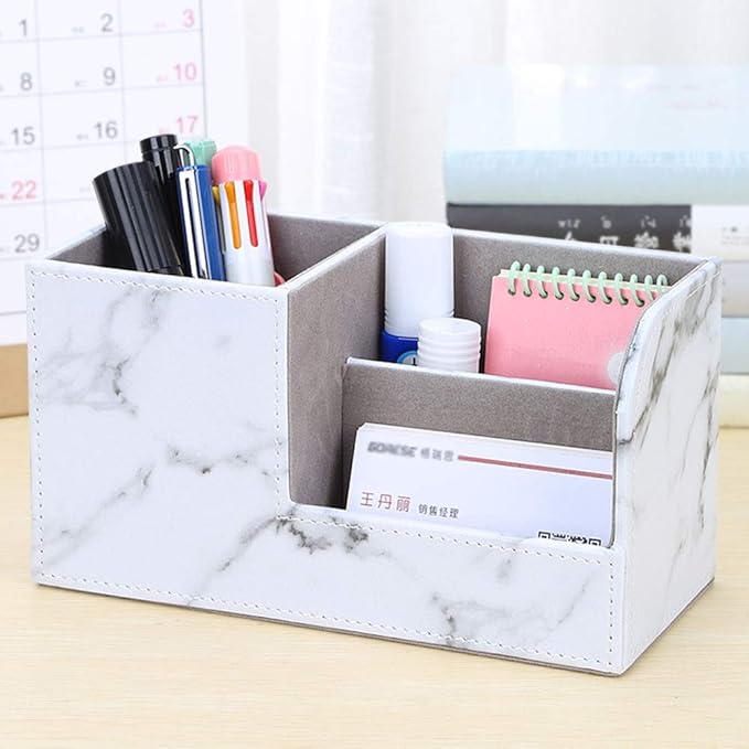 KINGFOM Desk Organizer Office Supplies Caddy Pu Leather Multi-function Storage Box Pen/Pencil,Cell phone, Business Name Cards Remote Control Holder Gray Marble
