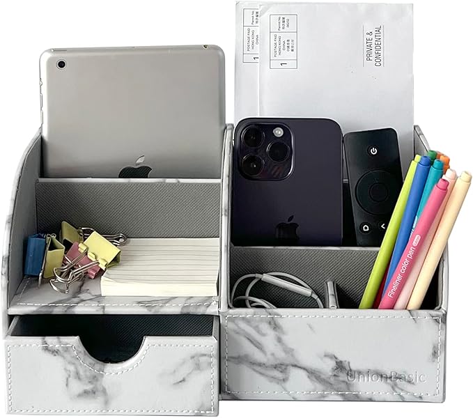 UnionBasic Desk Organizer, Multi-functional Leather Desktop Office Organizer, Pen Holder - Business Card/Pen/Pencil/Mobile Phone/Stationery Holder Storage Box, Marble White