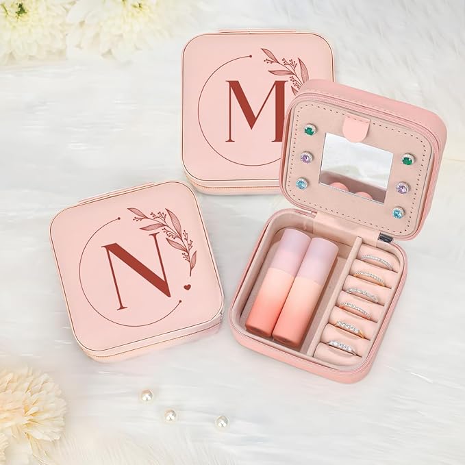 SANDJEST Personalized Jewelry Box, Pink Small Travel Jewelry Box with Initial N, Monogrammed Jewelry Case Organizer for Girls Women Teen, Mini Travel Essentials Gifts for Christmas Birthday
