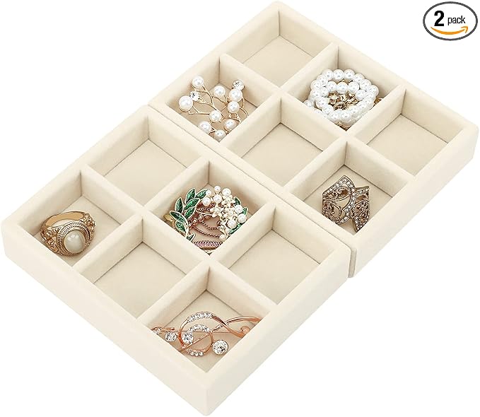 DesignSter Small Jewelry Tray-Ring Organizer 2PCS Premium Velvet Rings Earrings Display Tray Storage Insert Holder for Jewelry Box, Drawer, Dresser (6 Grids, Beige)