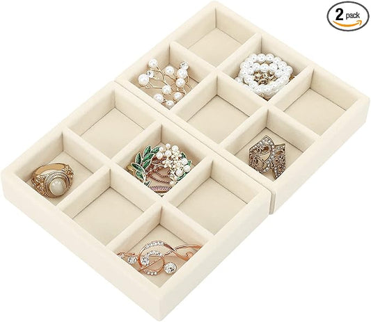 DesignSter Small Jewelry Tray-Ring Organizer 2PCS Premium Velvet Rings Earrings Display Tray Storage Insert Holder for Jewelry Box, Drawer, Dresser (6 Grids, Beige)