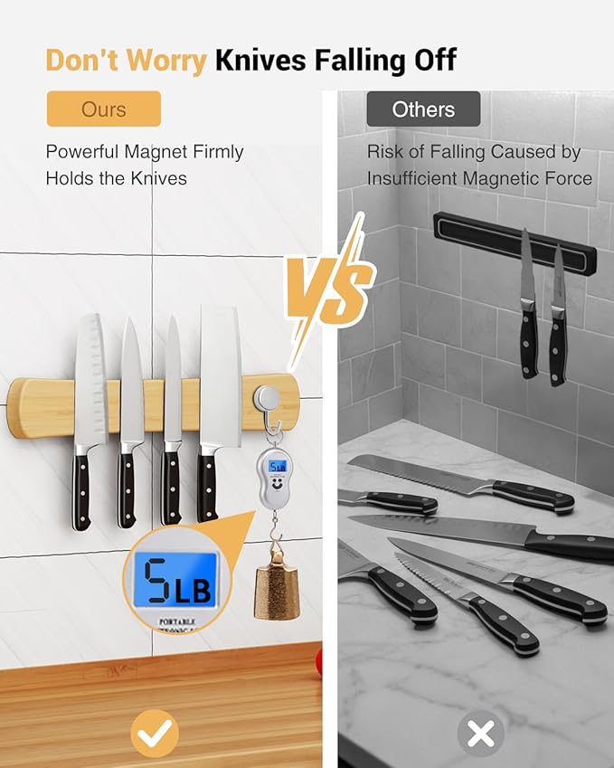 Magnetic Knife Holder for Wall, 18 Inch Large Bamboo Knife Magnetic Strip, Housewarming Gifts for New Home, Kitchen Wall Storage Space Savers, Farmhouse Kitchen Utensil Organizer Essentials