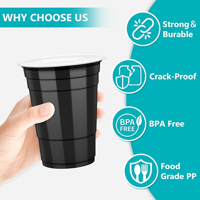 LANLISA 100 Black Plastic Cups, 16 oz Disposable Cups, Drinking Cups For Party Supplies