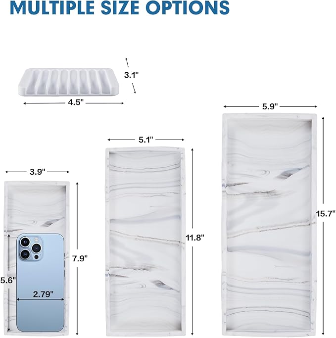 Bloss Counter Marble Tray and Soap Holder - 15.7" Silicone Bathroom Vanity Trays for Kitchen Counter, Toilet Tank Tray, Great Storage Trays for Perfume, Jewelry, Candle, Key
