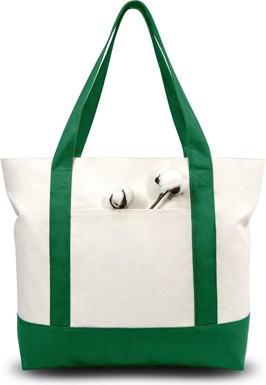 TOPDesign 6-Pack Canvas Tote Bags with an External Pocket, Reusable Grocery Shopping Bags, Top Zipper Closure, Daily Essentials (Green/Natural)
