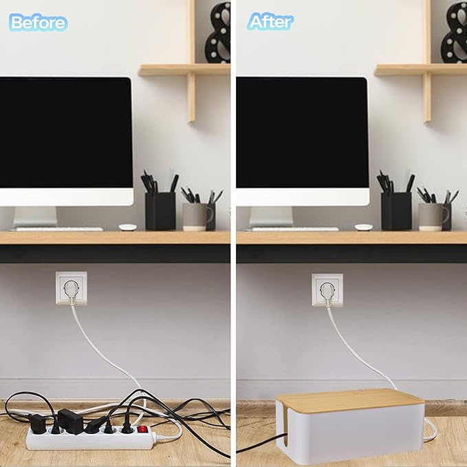 Cable Management Box Organizer, Set of 3 Bamboo Lid Storage Wires Holders to Cover and Hide Surge Protectors, Power Strips & Cords - with 5 Cable Fastening Tapes for Home, Office, Desk, PC, TV, USB Hub
