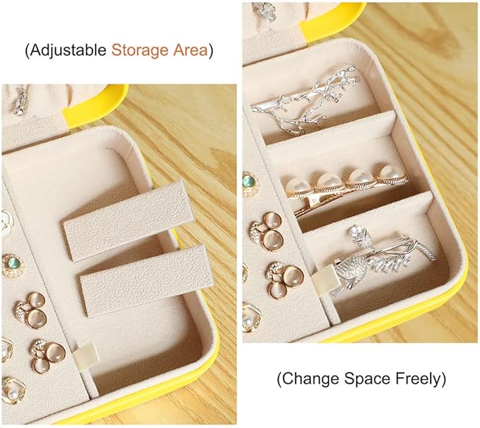 LANDICI Small Jewelry Box for Women Girls, PU Leather Travel Jewelry Organizer Case, Portable Jewellery Storage Holder Display for Ring Earrings Necklace Bracelet Bangle Watch Men Kids Gift, Yellow