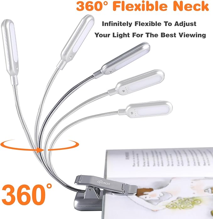 VAVOFO Rechargeable Book Light for Reading in Bed Kids, 7 LED Reading Light with 9-Level Warm Cool White Daylight, Eye Care Lamp with Power Indicator for Bookworms (Silver)