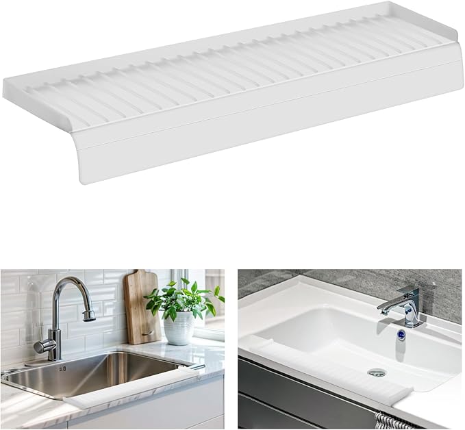 Silicon Edge Protectors for Kitchen Sink, Splash Guard With Suction Cups, Upgraded Design for Quartz, Granite, Bathtub (White, 14" x 4")