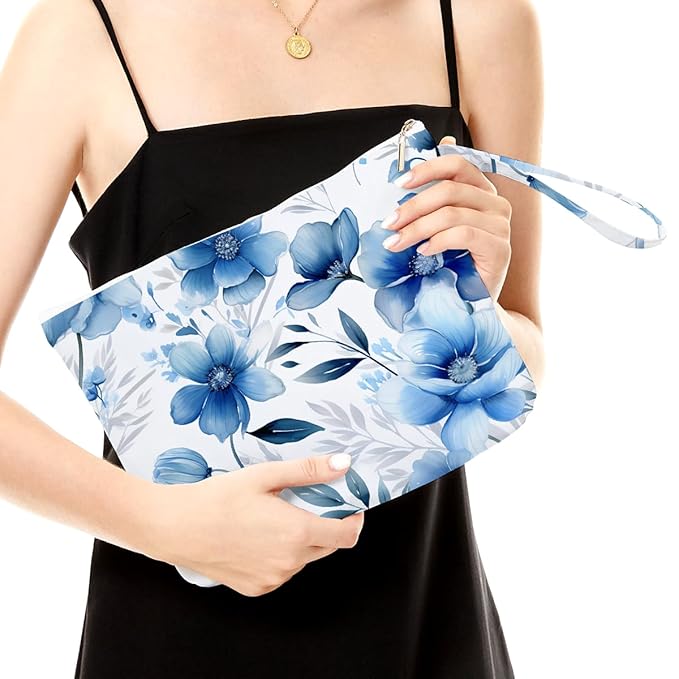 Fokongna Floral Print Wet Bag, Small Portable Waterproof Multi-Functional Organizer for Women, Blue Ink Wash Floral, Ideal for Daily, Beach & Travel