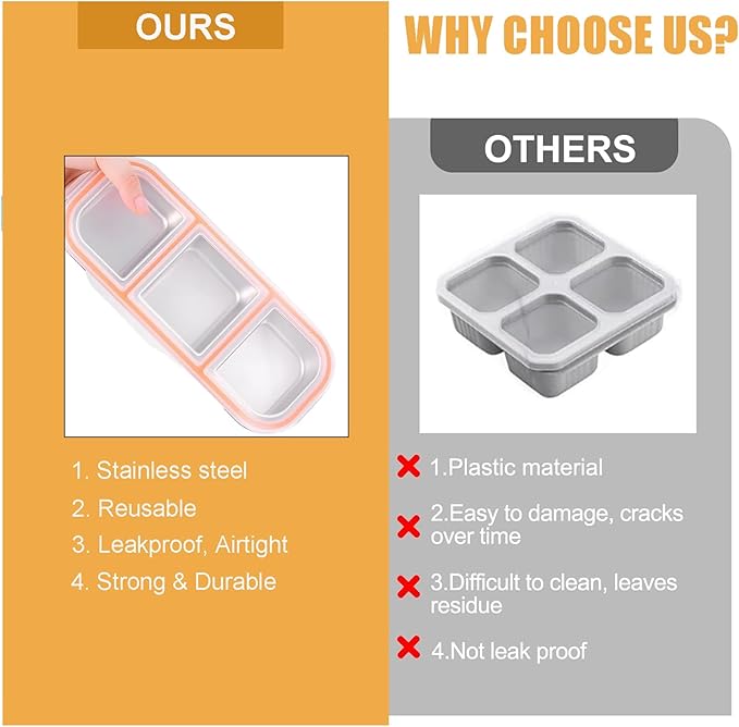 1PC 3 Compartment Grab and Go Snack Containers with Spoon Fork, Reusable Stainless Steel Snack Containers with Lids, Double Compartment Condiment Container for Travel and Outdoor Camping (3)