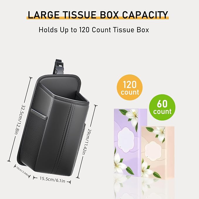 Tumecos Car Storage Organizer for Front and Back Seat,Rectangle Car Tissue Box Holder,Side Mount Hanging Bags with 2 Mesh Pockets,Waterproof Consoles Organizers,Napkin Cover