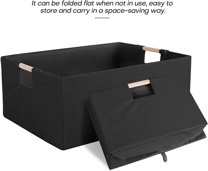 Fabric Storage Bin Box Foldable Cotton Linen Storage Basket with Wooden Handles Rectangular Cube Decorative Home Laundry Organizer Clothes Blanket Container – Black, Medium
