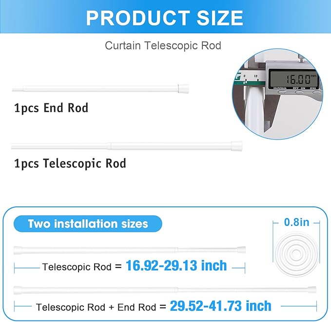 1 Pack Spring Loaded Tension Rod 17-41" Adjustable Curtain Rods No Drill Extendable Spring Rod Tension Curtain Rods For Window Kitchen Shelves Rv Refrigerator And Small Spaces,White