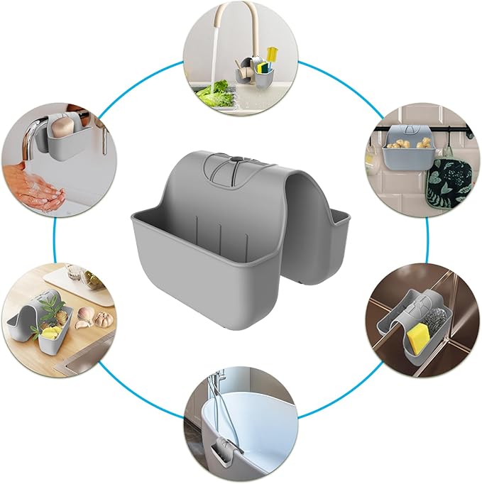 Sponge Holder for Kitchen Sink, Silicone Sink Saddle Caddy Organizer Rack, Sponges Holder Over Faucet, Hanging Kitchen Sink Organizer Organizer Accessories Rack Basket - Grey