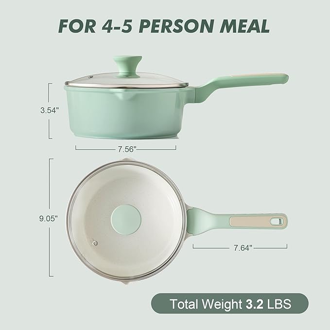 SENSARTE Ceramic Nonstick Saucepan with Double Pouring Spout 3.0 Quarts, Cooking Pot with Stay Cool Handle, Induction Compatible, Ceramic Coating, Free of Intentionally Added PFOA/PFAS, Green
