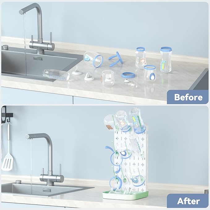 Baby Bottle Drying Rack Bottle Dryer Rack for 12 Bottle Drying Rack Space Saving Kitchen Countertop Vertical Cup Drainer Rack Detachable Baby Bottle Holder Storage Organizer Pump Part Dryer Rack Green