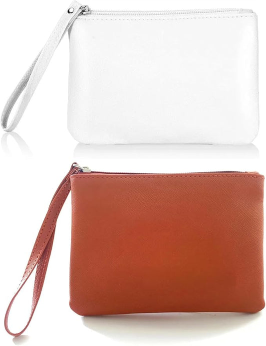 2 Pack Small Zipper Pouch Mini Makeup Bag for Purse Lipstick Cosmetic Travel Make Up Organizer for Women Essentials, Car Change Coin Holder 4.5 x 6.5 Clutch Stadium Approved Wristlet, White Brown