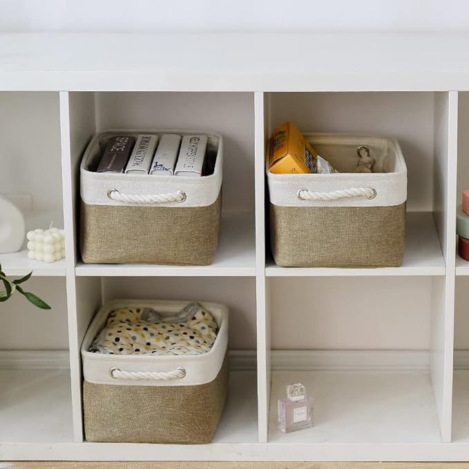 TheWarmHome Storage Basket for Organizing - 14x10x7 inch Medium 3 Pack Collapsible Storage Bin for Shelves with Handles, Canvas Storage Box for Organizer Cubes Cloth Gift Toy Closet (White & Khaki)