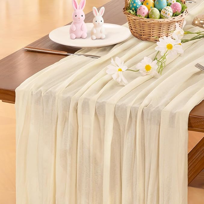 Socomi 2pcs Beige Summer Cheesecloth Table Runner Boho Rustic Gauze 120 inch 10FT Cheese Cloth Sheer Runner for Wedding Party Baby Shower Birthday Home Decor Holiday Decorations