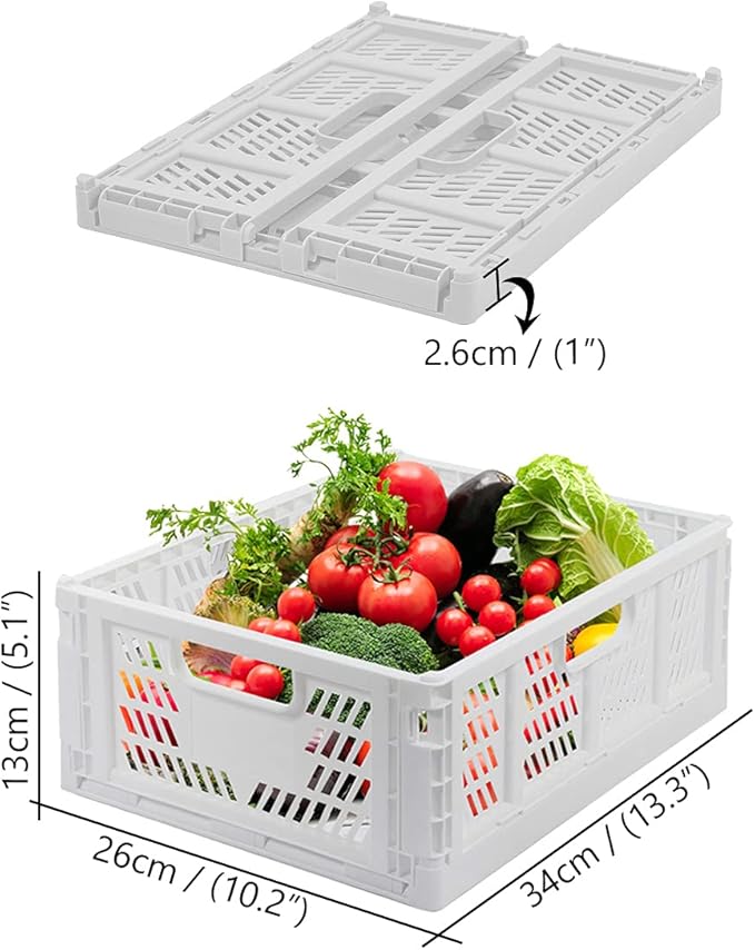 2 Blue 2 White Plastic Storage Basket Folding Storage Boxes Crate Drawer Organizer Stackable Shelf Basket Collapsible Closet Container Food Fruit Bottle Book Organizer for Home Office Kitchen Basket