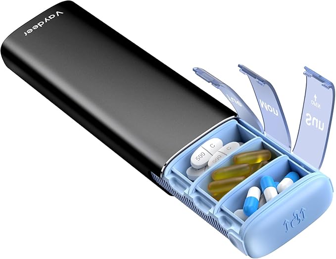 Vaydeer Metal Travel Pill Organizer – Compact Weekly Pill Box for Daily Medication – Portable Small Pill Case for Vitamins, Pills & Supplements (Black)