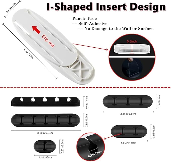 5 Packs Cable Clips X 2 Pack Self Adhesive Power Strip Holder, Cable Management Cord Organizer for Organizing USB Cable/Power Cord/Wire, Desktop Socket Hanging Wall Mount Fixator for Home Office