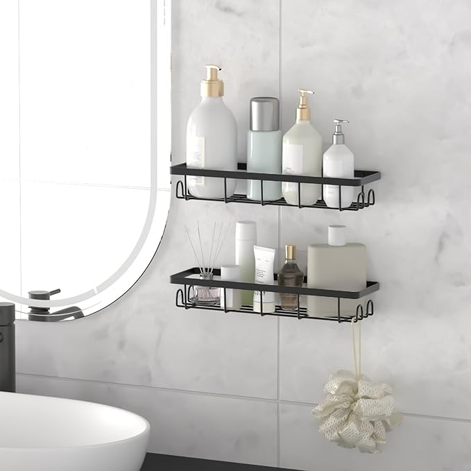 Shower Caddy Organizer with Hooks, Self-Adhesive Bathroom Shelves, No Drilling Bathroom Organizers and Storage, Perfect for RV, Apartment, Home Decor, 2 Pack Black