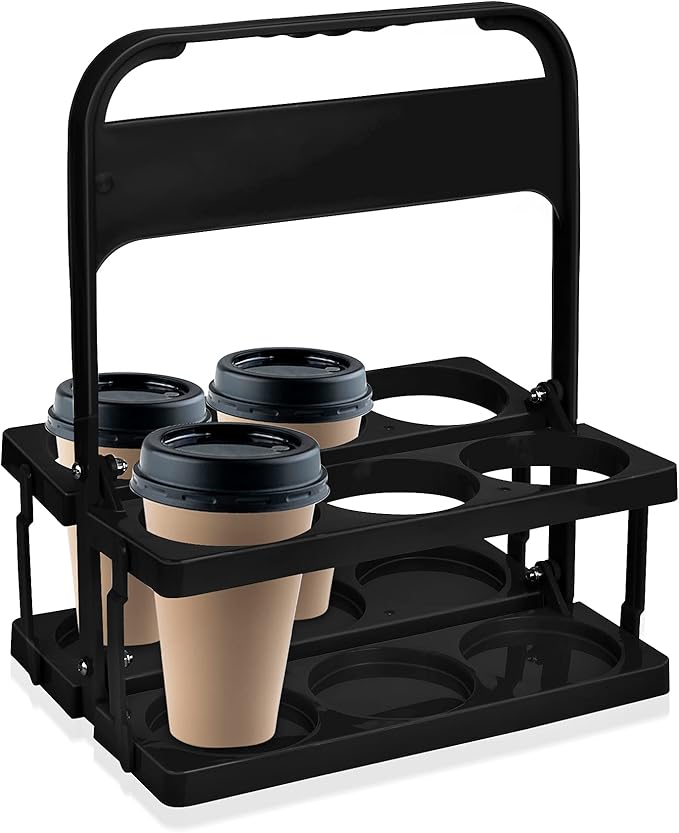 Plastic Portable Cup Holder, Foldable Cup Holder with Handle, 6-Holes Drink Carrier Foldable, Great for Eats Doordash Uber Car Drivers(Black)