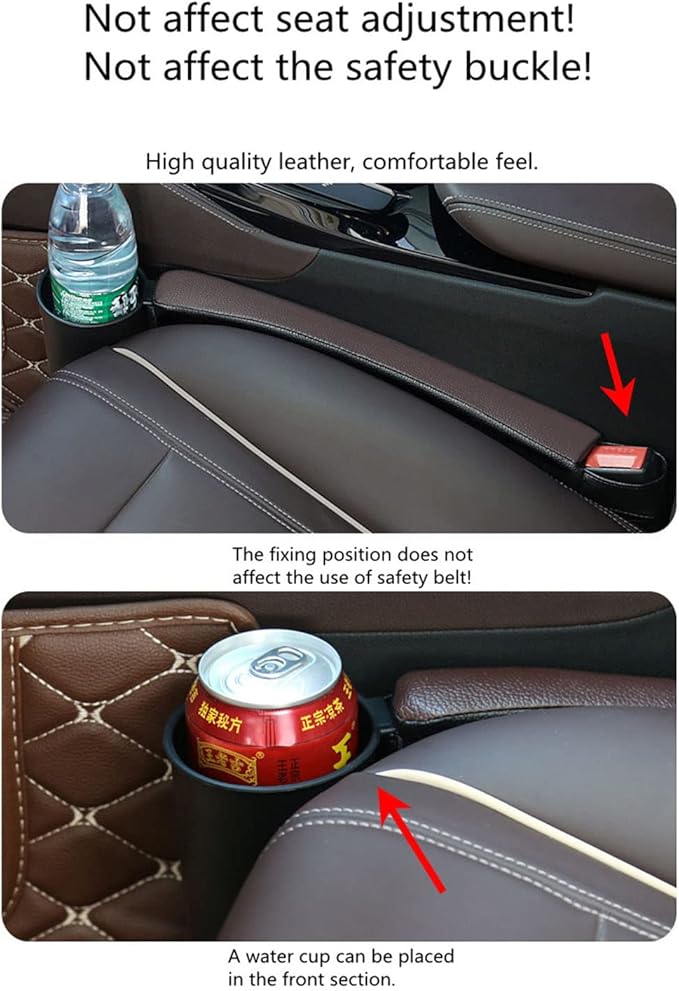 Tumecos Car Seat Gap Filler Pad PU Leather Console Side Pocket Organizer with One Cup Holder for Cellphone Wallet Coin Key 2 Pcs (Black+Black Surface)