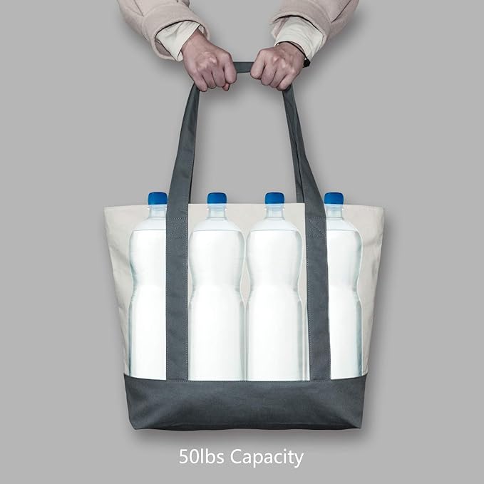 TOPDesign 3-Pack Canvas Tote Bags with an External Pocket, Reusable Grocery Shopping Bags, Top Zipper Closure, Daily Essentials (Grey/Natural)
