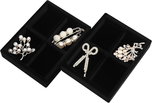 DesignSter Small Jewelry Tray-Ring Organizer 2PCS Premium Velvet Rings Earrings Display Tray Storage Insert Holder for Jewelry Box, Drawer, Dresser (4 Grids, Black)
