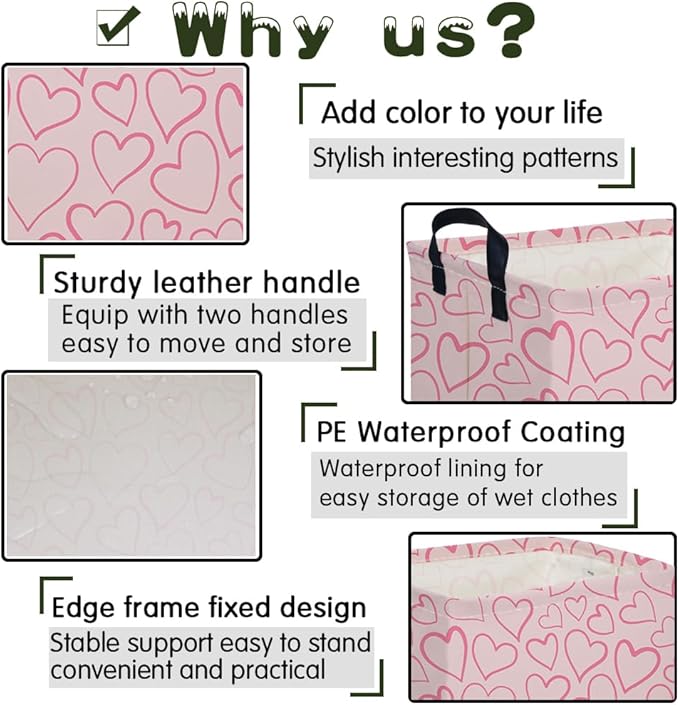 Rectangular Pink Valentine's Day Gift Basket,nursery basket,Pink girls gift baskets,kids toy storage Bin, Love Heart Room Decor for Home,Shelf Baskets(Happy Love)