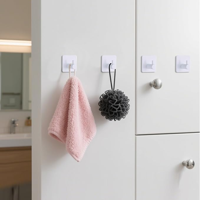 White Adhesive Towel Hooks Heavy Duty Stick on Wall Hooks Shower Hooks for Bathroom Kitchen Door-4 Packs