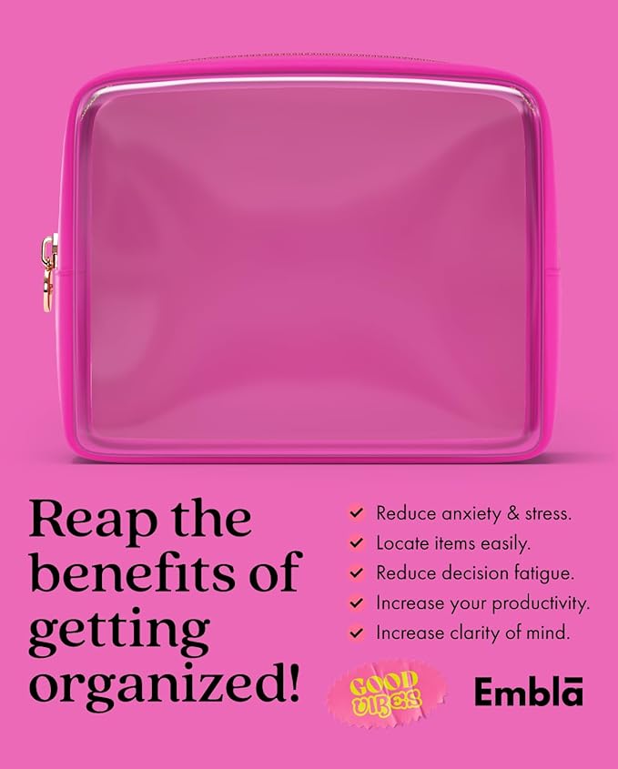 Clear Makeup Bag Zipper Pouch, Transparent Cosmetic Case Organizer, TSA Approved Travel Toiletry Case, Travel Accessories Essentials Makeup Tote for Women, Large Cute Make up Bag for Purse - Fuchsia