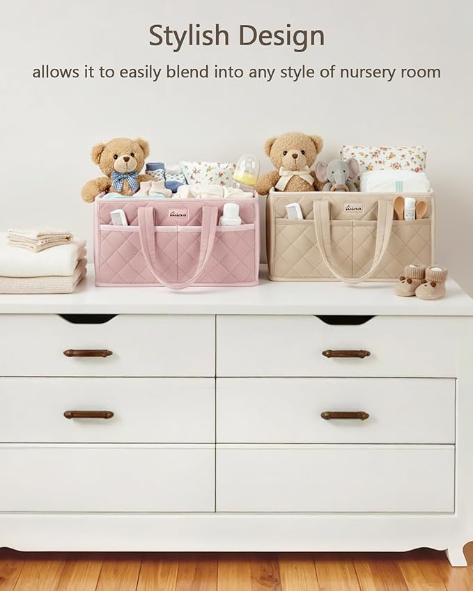 Diaper Caddy Organizer For Changing Table,Dutch Velvet Baby Diaper Caddy With 3 Removable Compartments &4 Side Pockets,Portable Diaper Basket For Car Organizer,Nursery Organizer For Essential Supplies