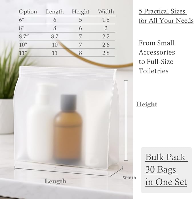 30 Pack Clear Makeup Bag Organizer Cosmetic Zipper Pouch TSA Approved Small Travel Pouches for Toiletries Transparent EVA Reusable Water-resistant Plastic Clear Gift Bags Bulk, (Frosted, Mixed Sizes)