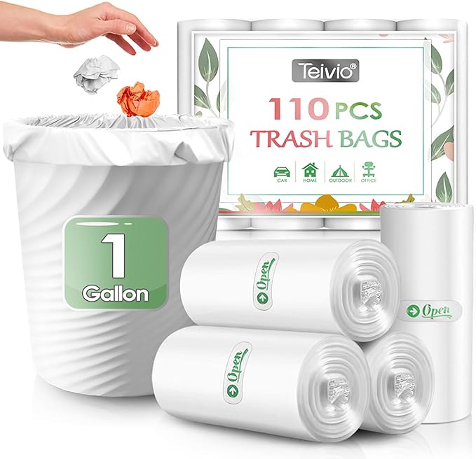 1 Gallon 110 Counts Strong Trash Bags Garbage Bags by Teivio, Bin Liners, for home office kitchen (Clear)