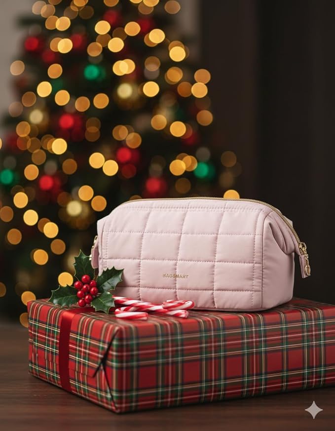 BAGSMART Makeup Bag Travel Toiletry Bag, Puffy Padded Makeup Bags for Women Makeup Organizer Case, Wide-open Pouch Purse Travel Essentials Toiletries Accessories Brushes, Pink