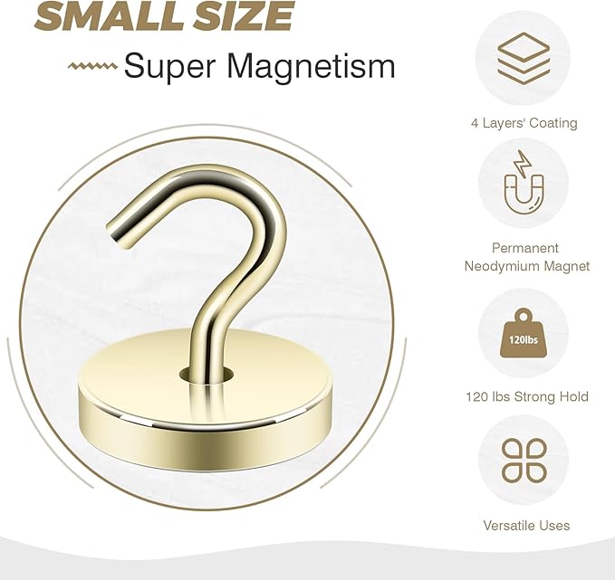 Neosmuk Magnetic Hooks, Cruise Ship Essentials, 120lb+ Heavy Duty Magnetic Hooks for Cruise Cabins, Refrigerator, Grill, Hanging, and Travel | Extra Strong Must-Haves Magnet Hook,Gold,Pack of 20