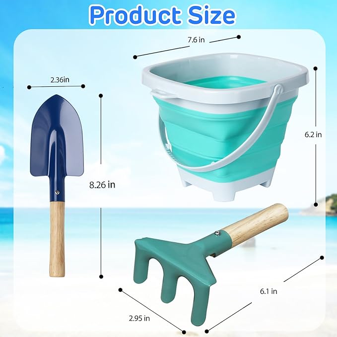 3 Pieces Collapsible Beach Bucket for Kid Toddler,Toddler Outdoor Toys Shovel and Rake Made of Metal for Kids Beach Travel