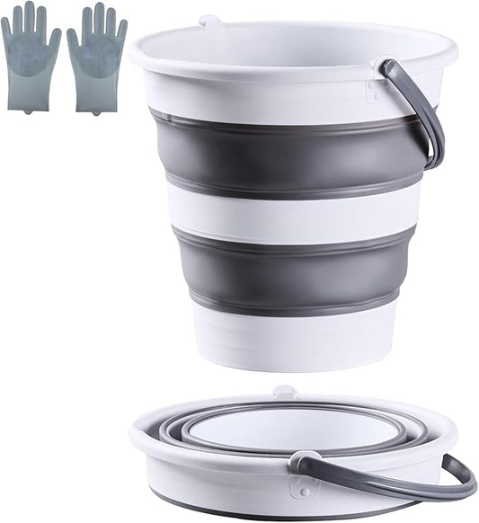 15L/4 Gal Large Collapsible Bucket with Handle - Portable Silicone Mop Bucket for Cleaning, Camping, Car Washing - Space-Saving for Outdoor, Fishing, Household – Pair of Silicone Gloves for Free