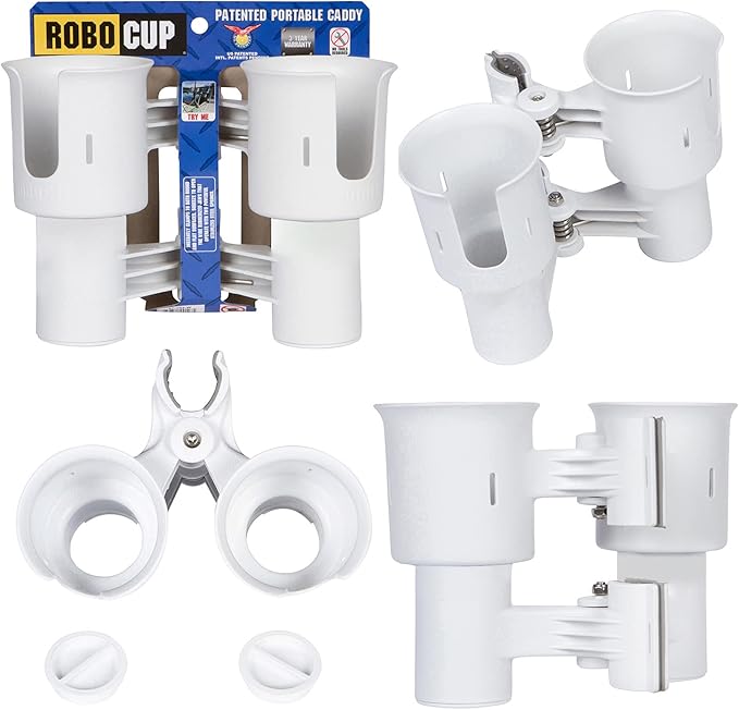 ROBOCUP, (White), Patented Clamp On Boat Cup Holder |Multifunction Dual Drink Caddy for Fishing Poles, Tools, Net, Gaff |Portable Storage for Boating, Beach, Umbrellas, Golf Carts, Strollers
