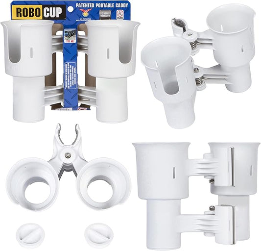 ROBOCUP, (White), Patented Clamp On Boat Cup Holder |Multifunction Dual Drink Caddy for Fishing Poles, Tools, Net, Gaff |Portable Storage for Boating, Beach, Umbrellas, Golf Carts, Strollers