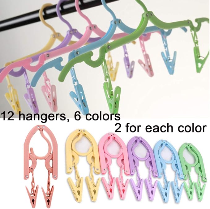 YOUOWO 12 Pcs Travel Hangers with 24 Pcs Clips,Portable Foldable Clothes Hangers for Scarves Suits Trousers Pants Shirts Socks Underwear