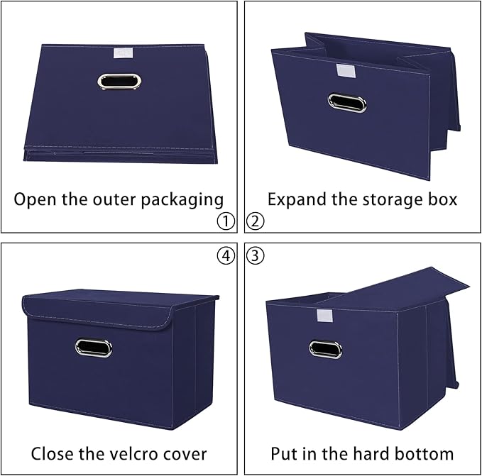 Linen Fabric Foldable Collapsible Storage Cube Bin Organizer Basket Fabric Storage Bins with Lid, Leather Handles, Removable Divider for Home, Closet,Navy Blue 3Pcs