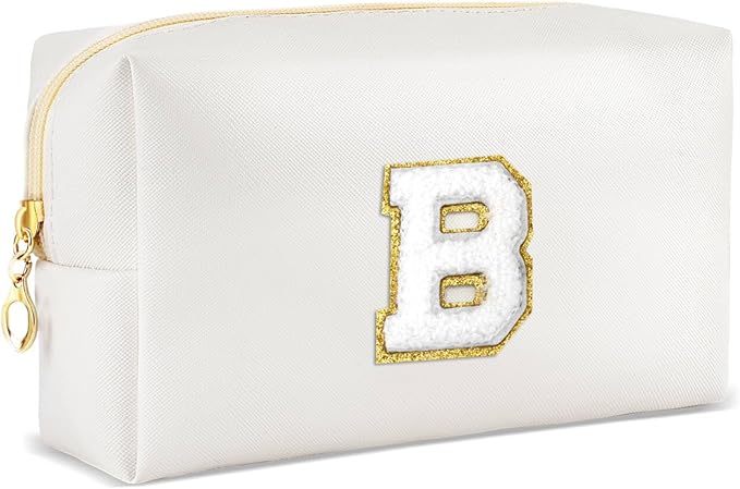 Gifts for Girls Initial Makeup Bag Personalized Cosmetic Bag with Zipper Cute Travel Toiletry Bags Waterproof PU Preppy Makeup Pouch Birthday Gift for Teen Girls Women(White B)