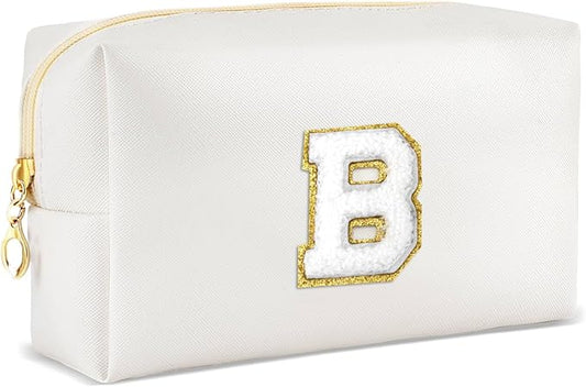 Gifts for Girls Initial Makeup Bag Personalized Cosmetic Bag with Zipper Cute Travel Toiletry Bags Waterproof PU Preppy Makeup Pouch Birthday Gift for Teen Girls Women(White B)