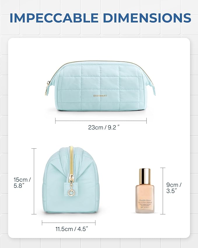 BAGSMART Makeup Bag Travel Toiletry Bag, Puffy Padded Makeup Bags for Women Makeup Organizer Case, Wide-open Pouch Purse Travel Essentials Toiletries Accessories Brushes, Light Blue