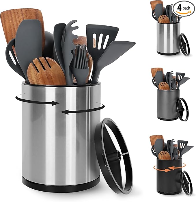Extra Large Kitchen Utensil Holder, 360° Rotating Stainless Steel Cooking Utensil Holder for Countertop, 3 Compartment Flatware Organizer & Cooking Caddy with Removable Base (Silvery)